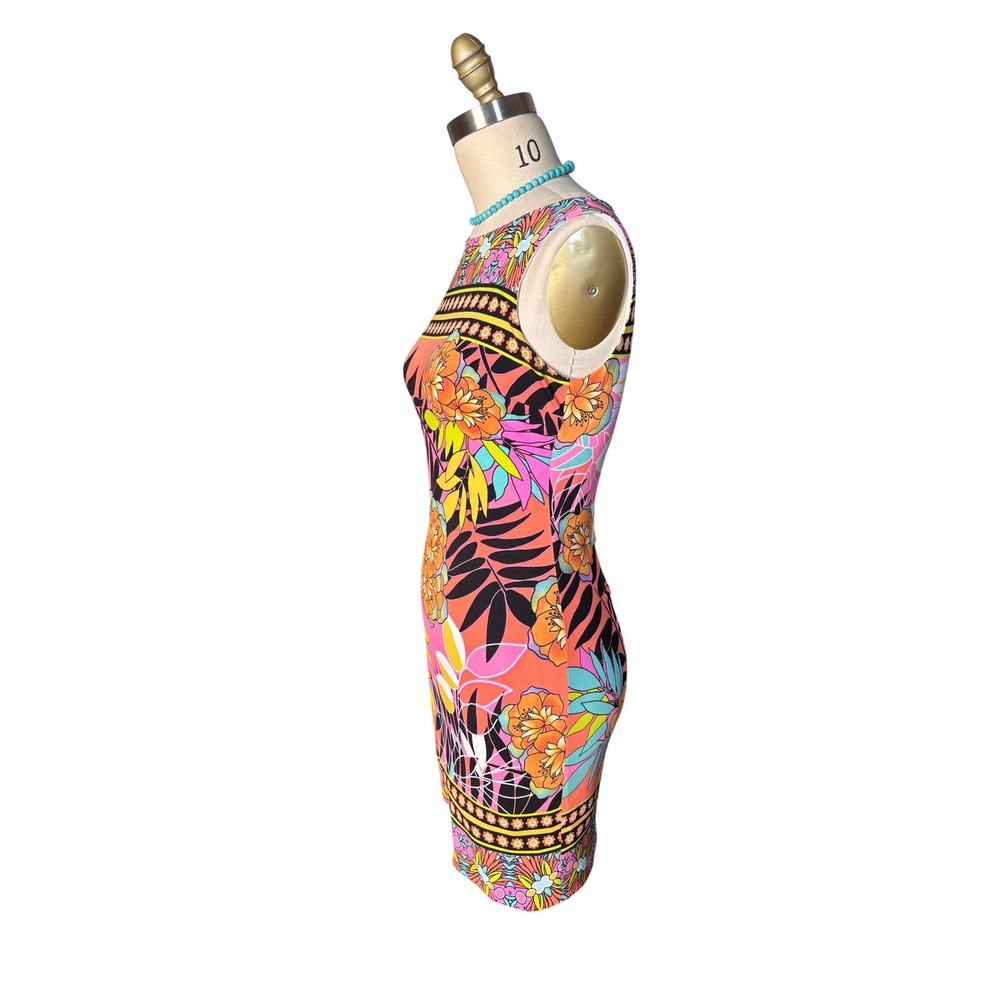 Tropical Floral Print Cache Sheath Dress Sleeveless Boat Neck 6 Pink Multi - Picture 5 of 10